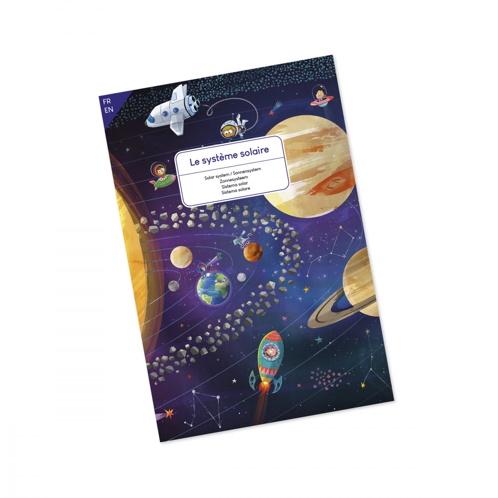 Capa ilustrada de livro educativo sobre o sistema solar com planetas e foguetes coloridos.