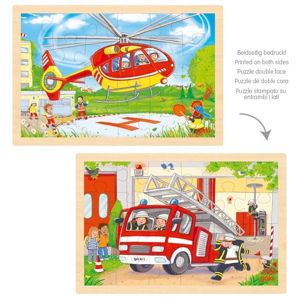 Puzzle duplo de madeira com imagens infantis de helicóptero e camião de bombeiros.