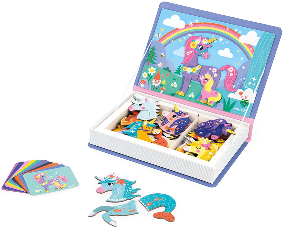 Puzzle em madeira de unicórnios com tampa decorada e cartas coloridas