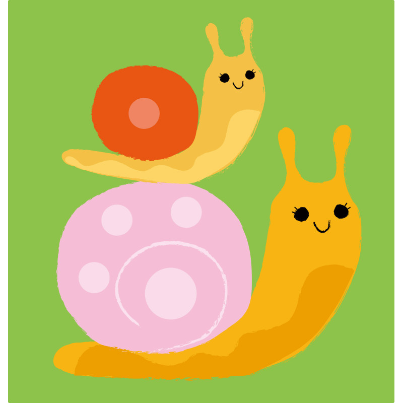 Ilustração colorida de dois caracóis sorridentes sobre fundo verde