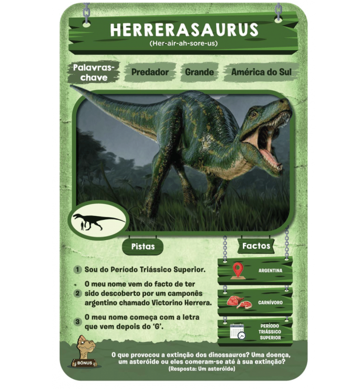 Cartão informativo verde com dinossauro HERRERASAURUS e texto em português sobre características e fatos