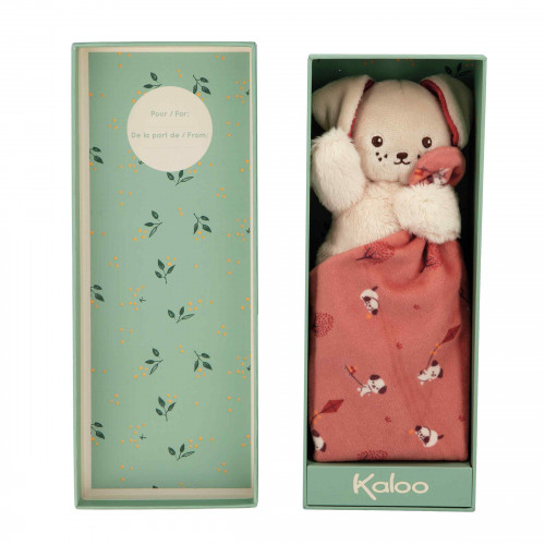 Urso de pelúcia branco com pano rosa em caixa verde Kaloo