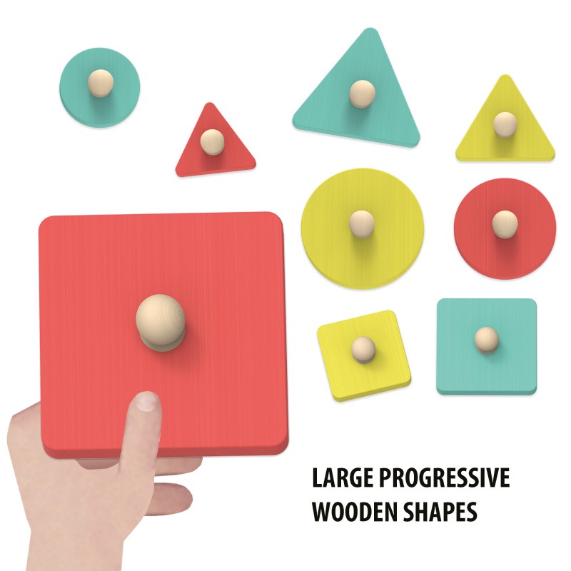 Formas geométricas de madeira coloridas com botões em fundo branco