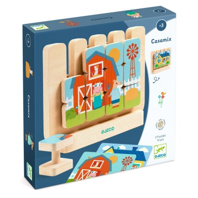 Conjunto de puzzles em madeira Djeco Casamix com 12 peças e ilustrações de quinta coloridas.