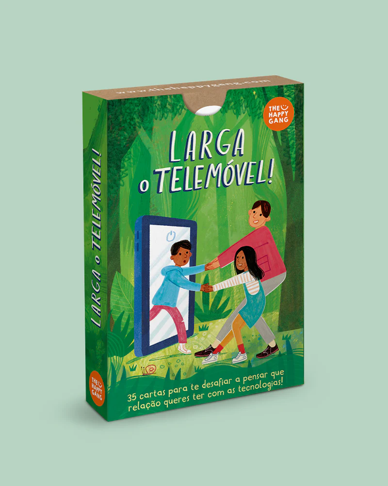 Embalagem verde com ilustração de crianças e telemóvel e texto em português