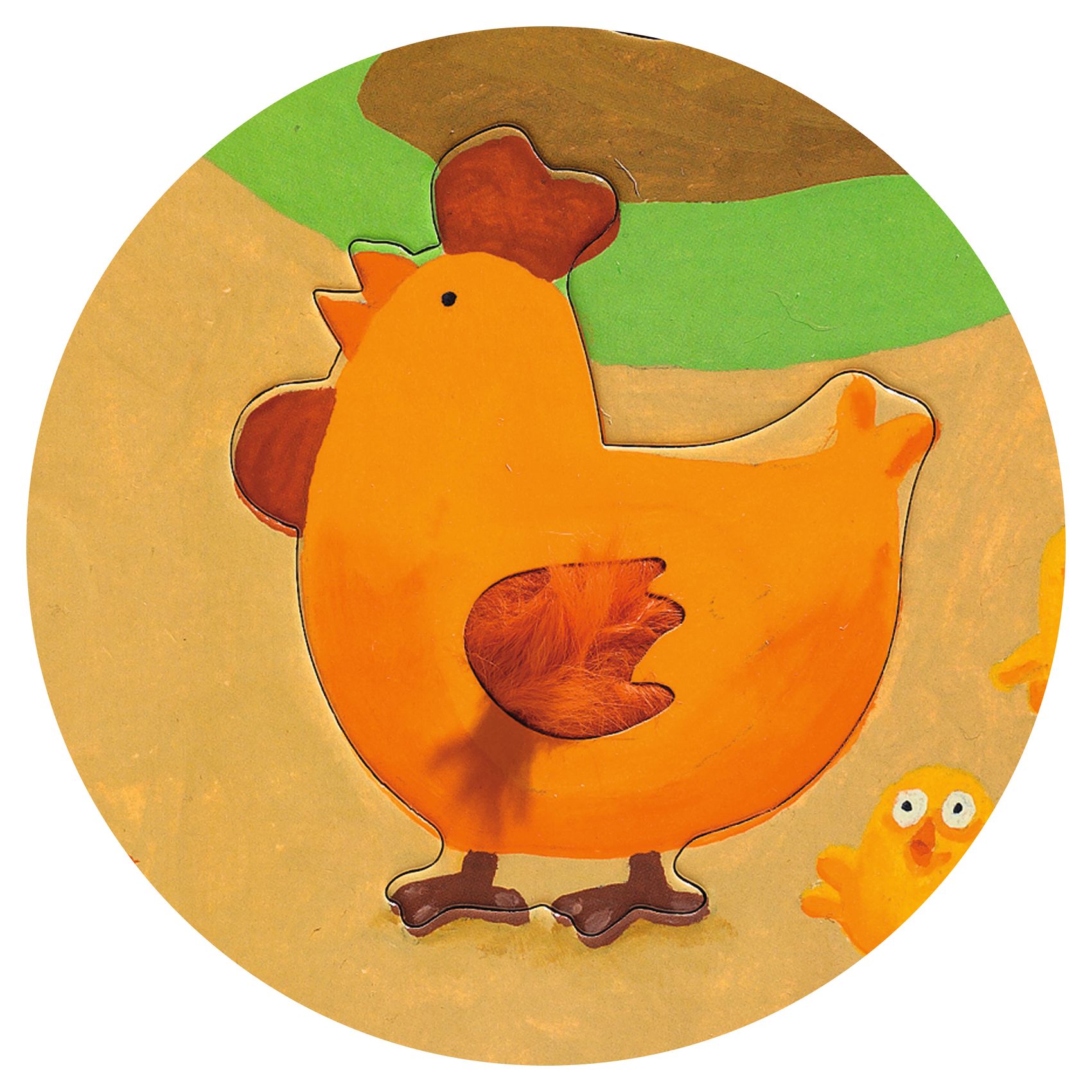 Desenho circular de galinha laranja com pintainho amarelo em fundo verde e bege