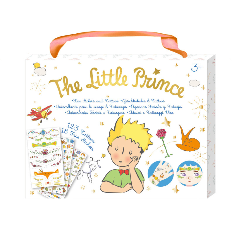 Caixa branca com set de tatuagens e autocolantes para rosto The Little Prince com ilustrações e texto multilingue.