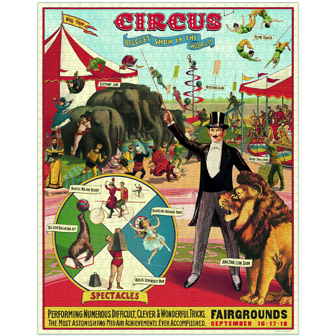 Cartaz vintage de circo colorido com artistas e animais