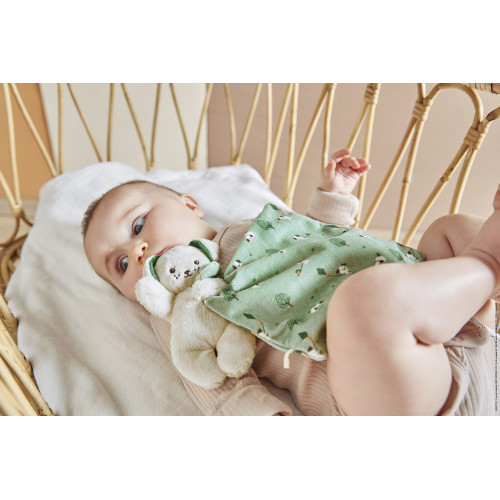 Bebé deitado com manta verde e peluche branco