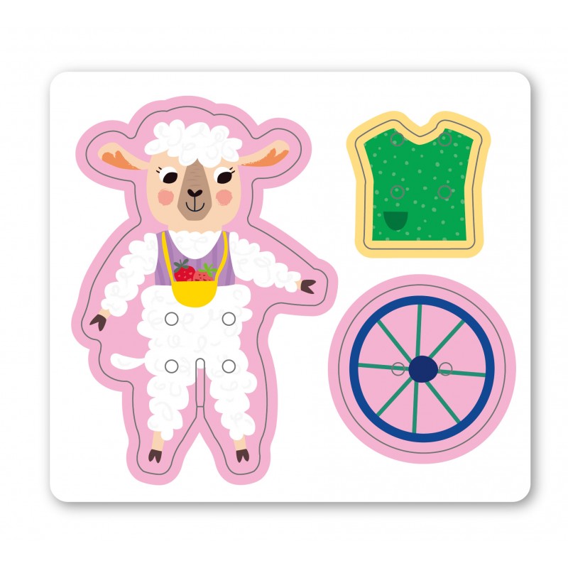 Jogo educativo de madeira com ovelha, peça verde e roda colorida