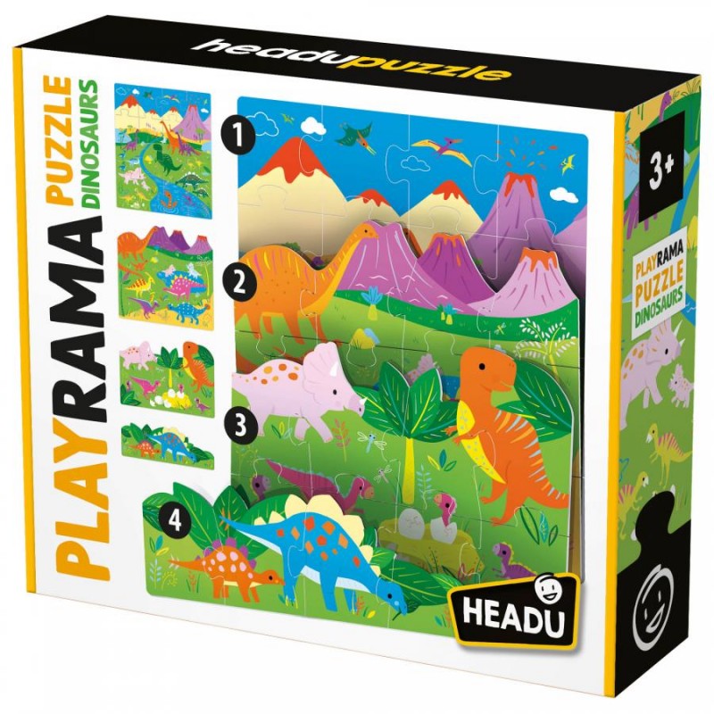 Caixa de puzzle Playrama Dinosaurs da Headu com 4 puzzles para crianças