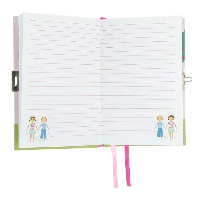 Caderno aberto com páginas de linhas cor-de-rosa e ilustrações de duas crianças de mãos dadas