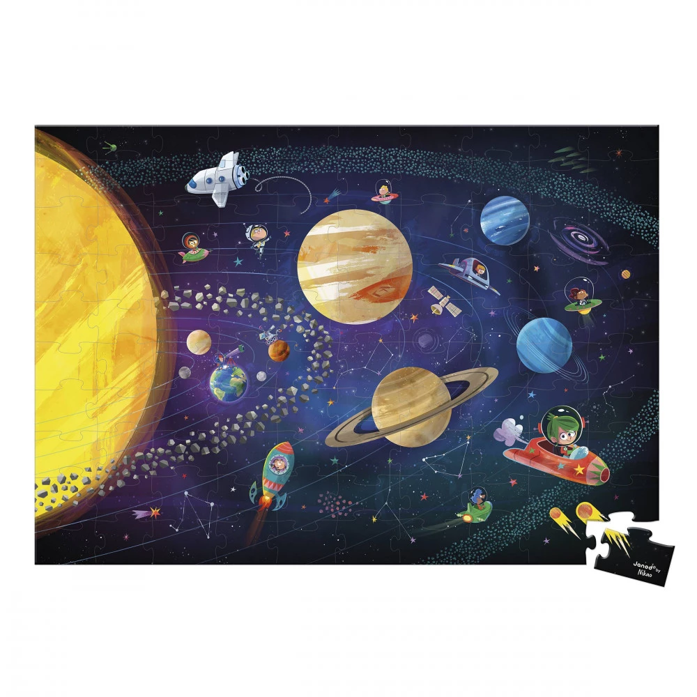 Puzzle do sistema solar com planetas e astronautas em naves coloridas