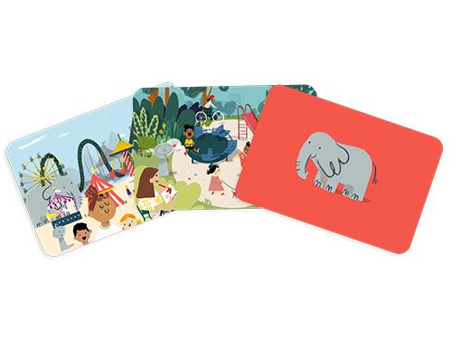 Três cartões ilustrados coloridos com desenhos de elefante, pessoas e cenas de parque de diversões e floresta.