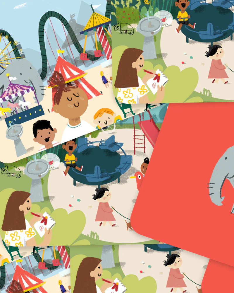 Ilustração de parque de diversões com crianças, elefante, carrossel, escorrega e uma rapariga a desenhar.
