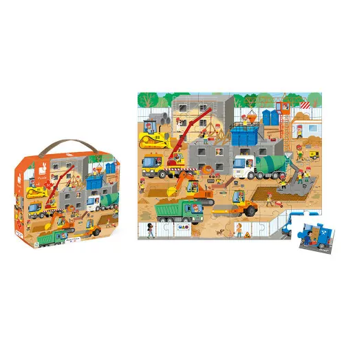 Puzzle infantil com ilustração de construção e máquinas em cores amarelas, vermelhas e verdes