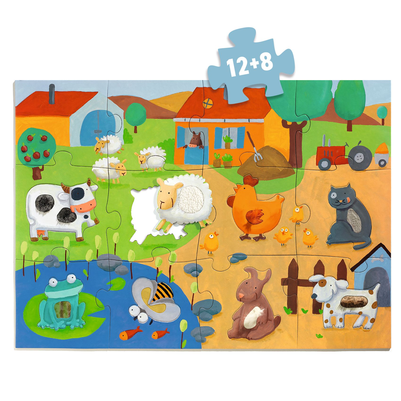 Puzzle infantil com animais da quinta e cenário rural colorido.