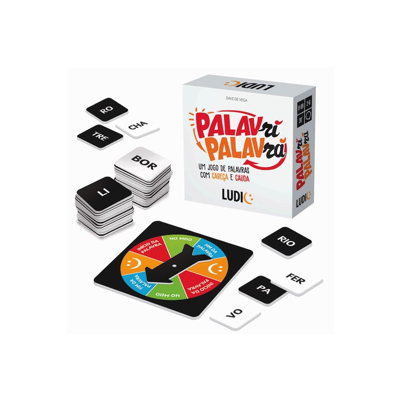 Jogo de tabuleiro PALAVri PALAVrai com cartas de sílabas e caixa branca da marca LUDI
