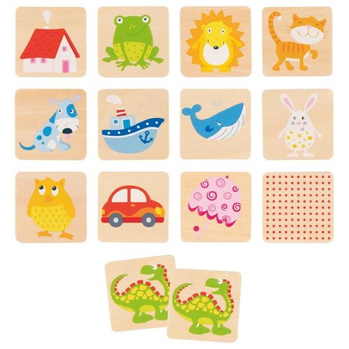 Peças de madeira com desenhos coloridos de animais e objetos