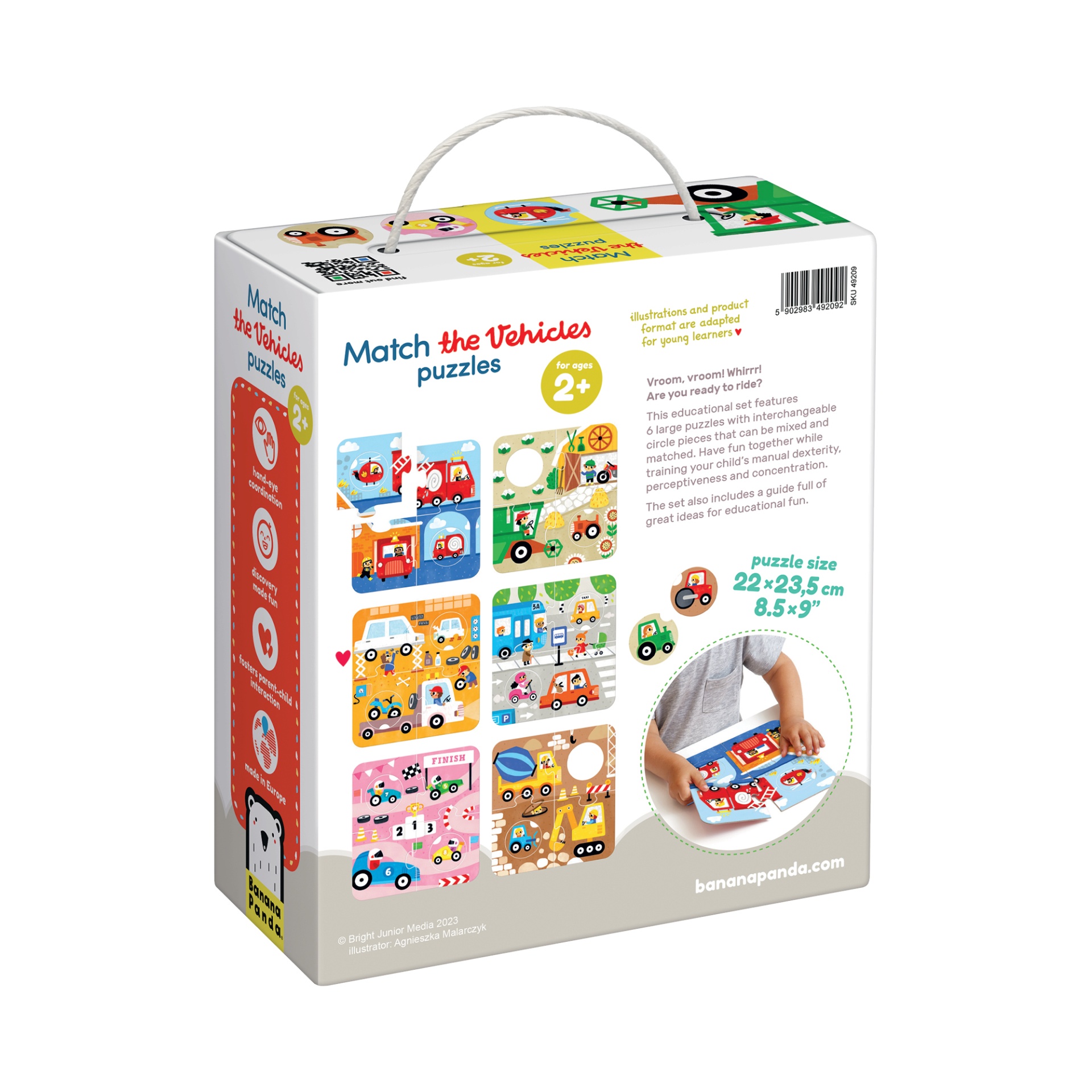 Embalagem de puzzle infantil com ilustrações coloridas de veículos e texto em inglês.