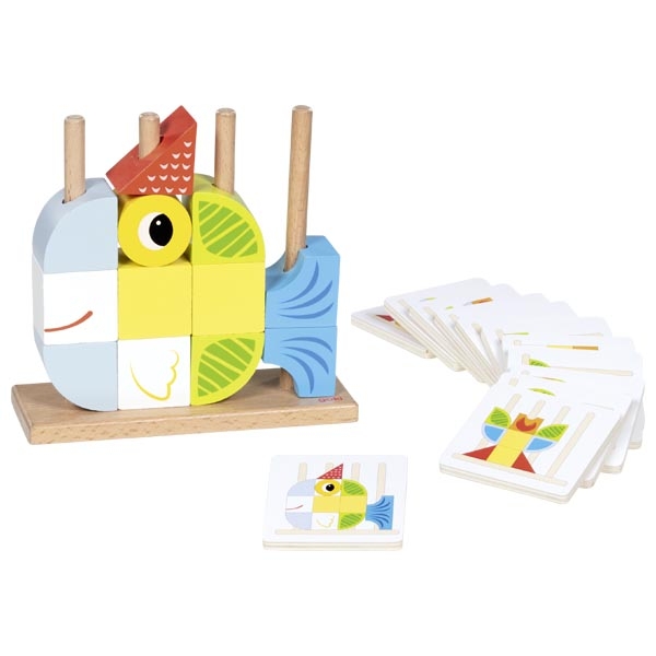 Jogo de blocos de madeira para formar peixe com cartas ilustradas.