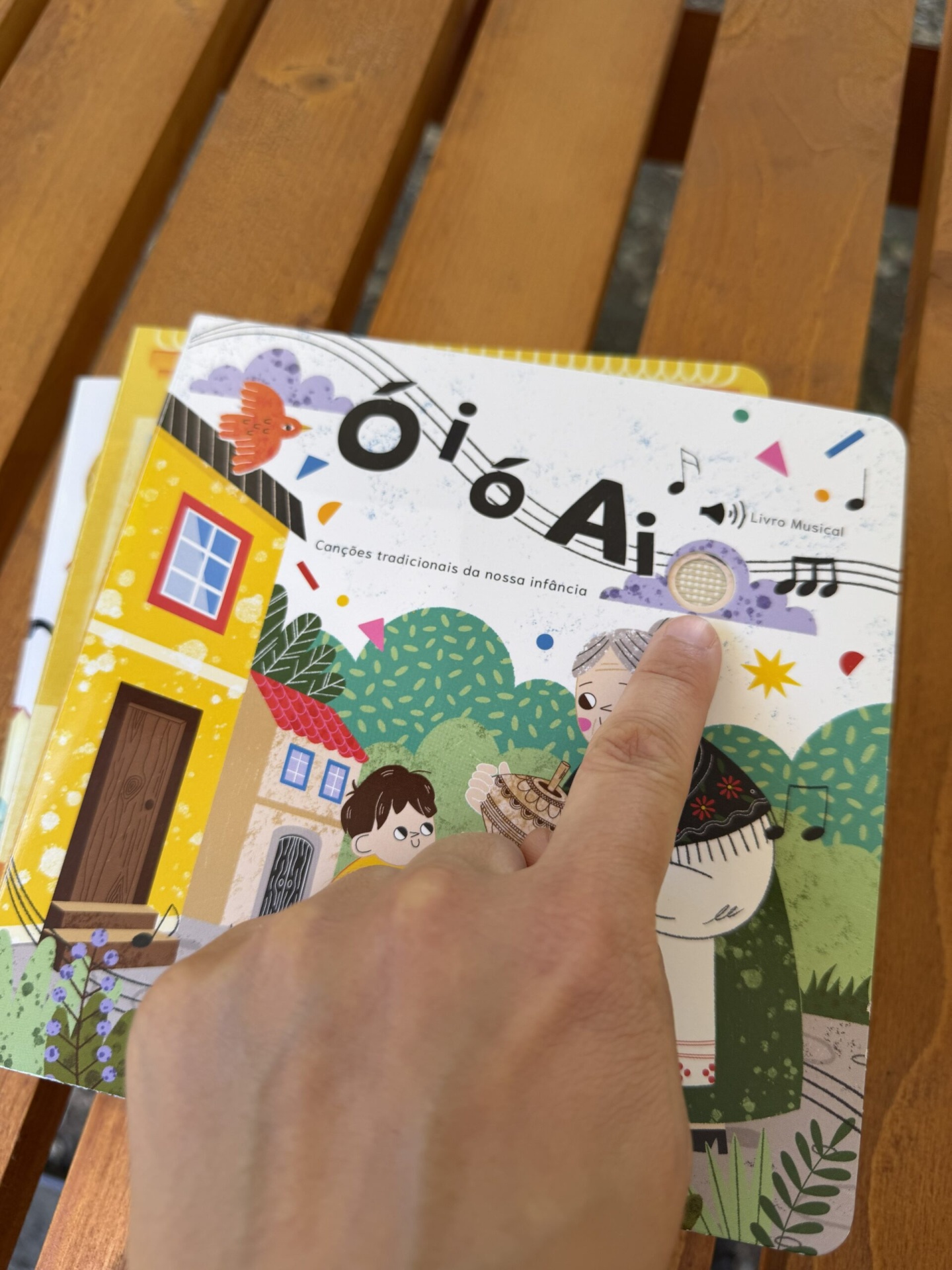 Livro infantil colorido com ilustrações e texto sobre canções tradicionais.