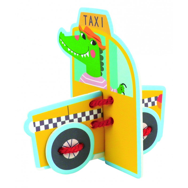 Livro infantil táxi amarelo com crocodilo verde e texto TAXI