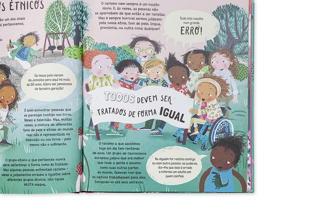 Página de livro infantil com crianças diversas segurando banner Todos devem ser tratados de forma igual