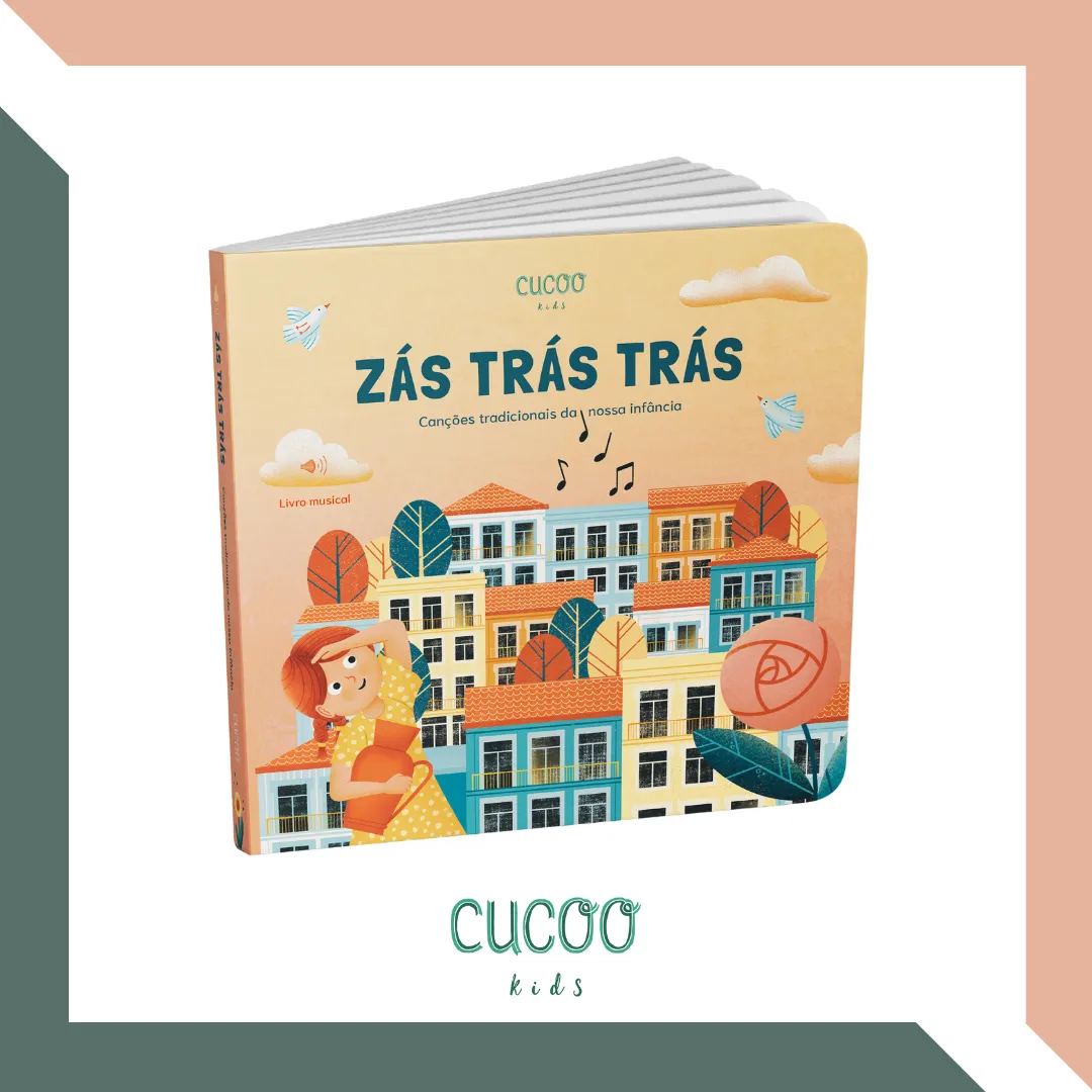 Livro infantil musical Zás Trás Trás com ilustração de casas e menina no exterior.
