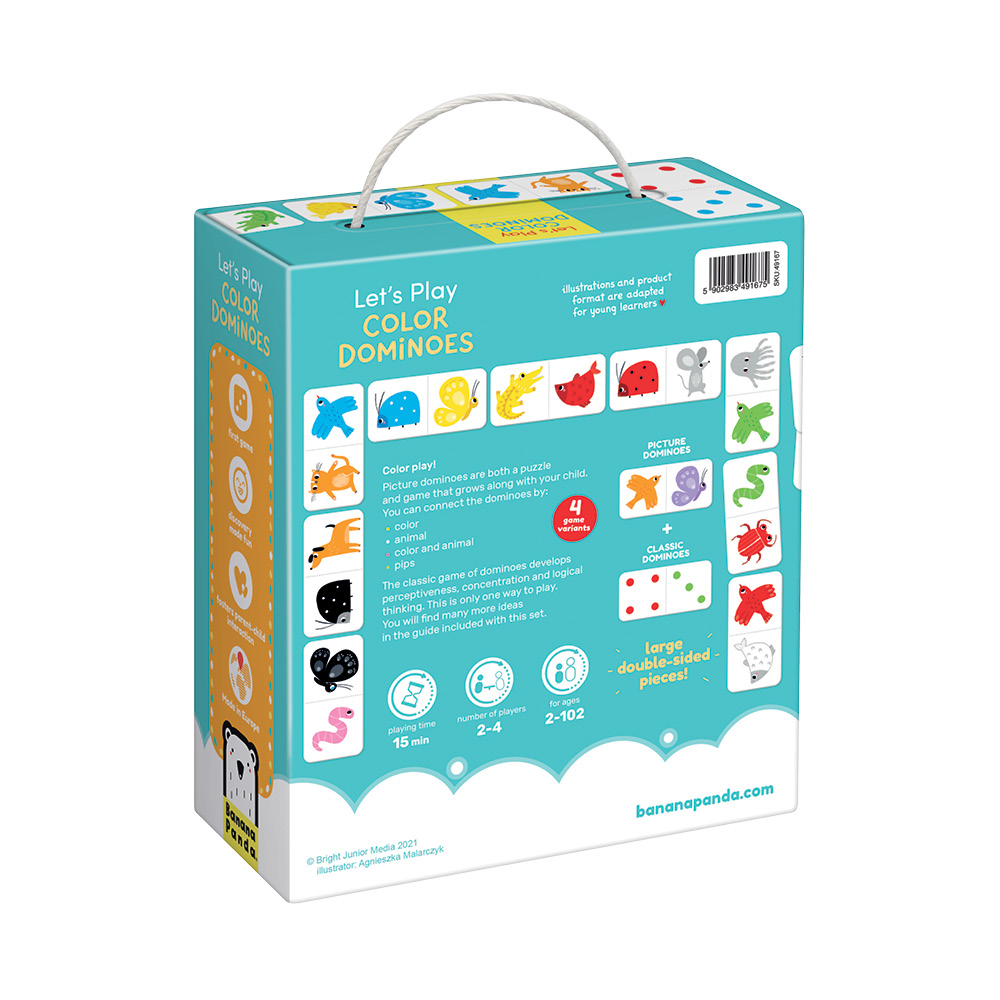 Caixa de jogo infantil Let's Play Color Dominoes com peças coloridas e cabo para transporte