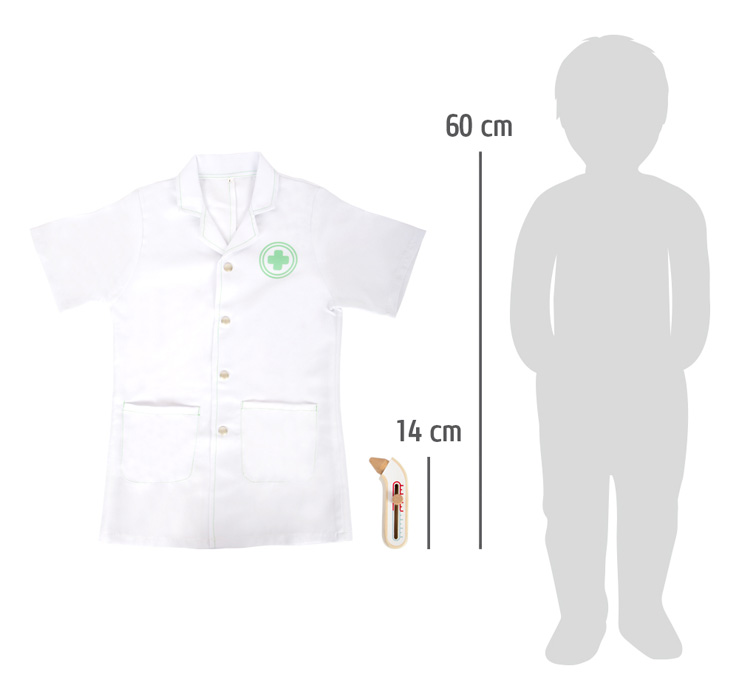 Roupão branco infantil curto com botão, símbolo verde e branco, ao lado de silhueta de criança e régua