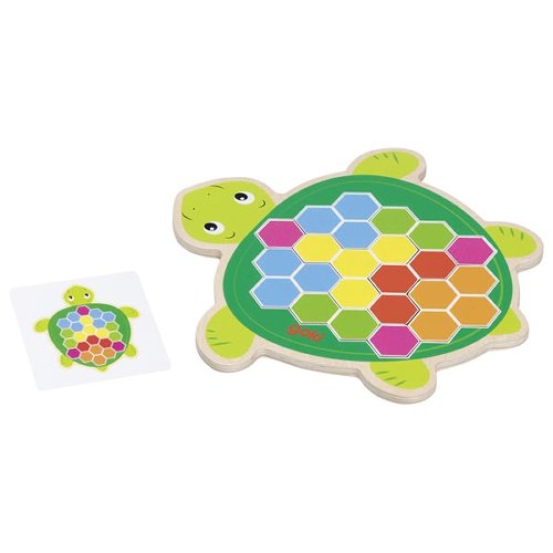 Quebra-cabeças de tartaruga com peças hexagonais coloridas e carta ilustrativa