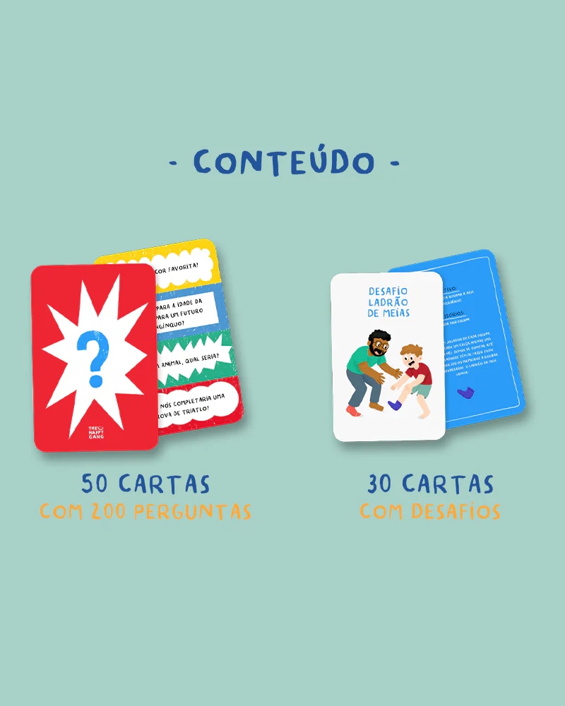 Cartas de jogo coloridas com perguntas e desafios descritas em português sobre fundo azul claro.