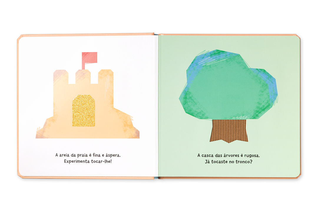 Livro infantil aberto com ilustrações de castelo de areia e árvore