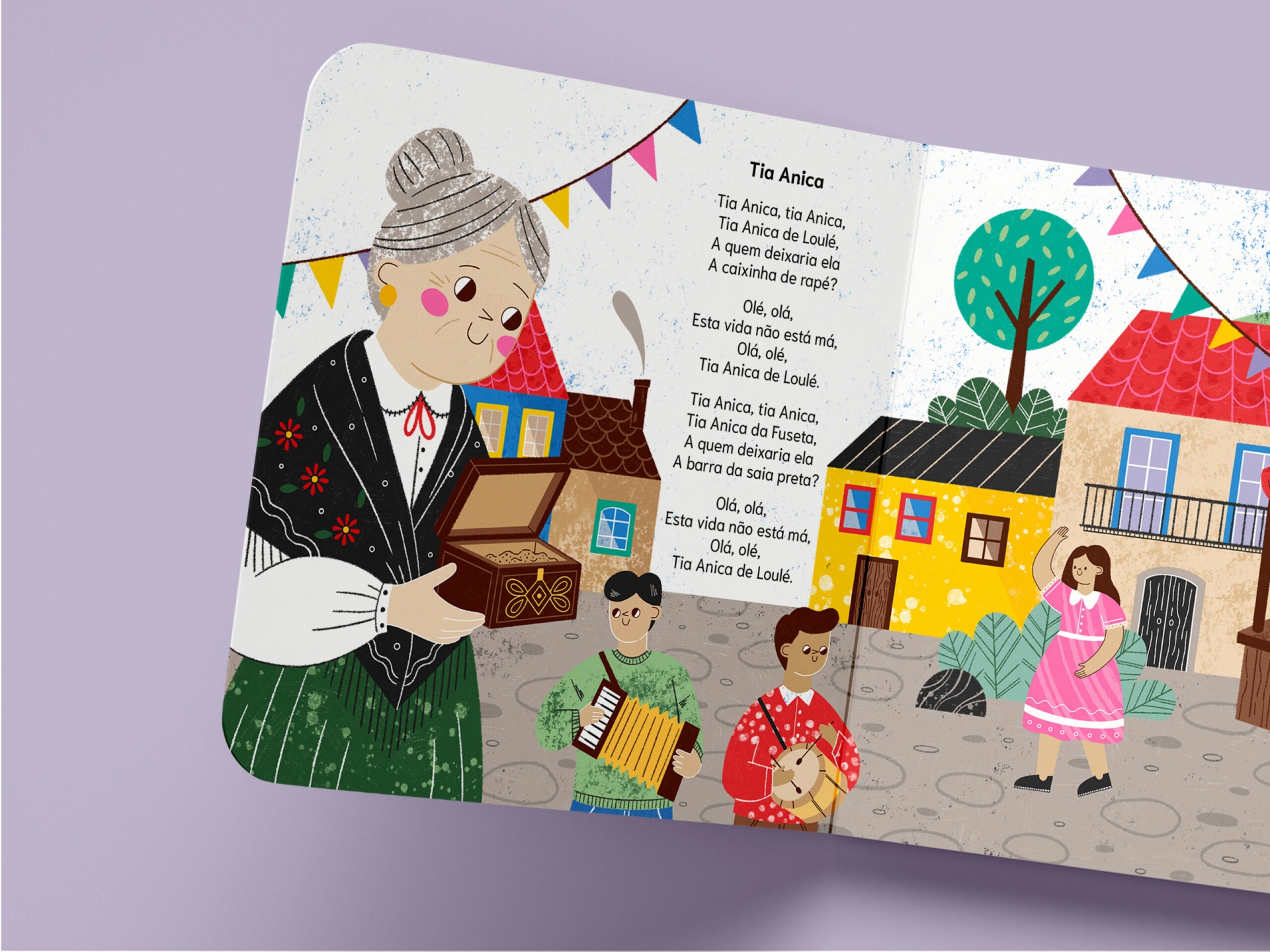 Página de livro infantil com ilustração de senhora e crianças em vila colorida e texto em português