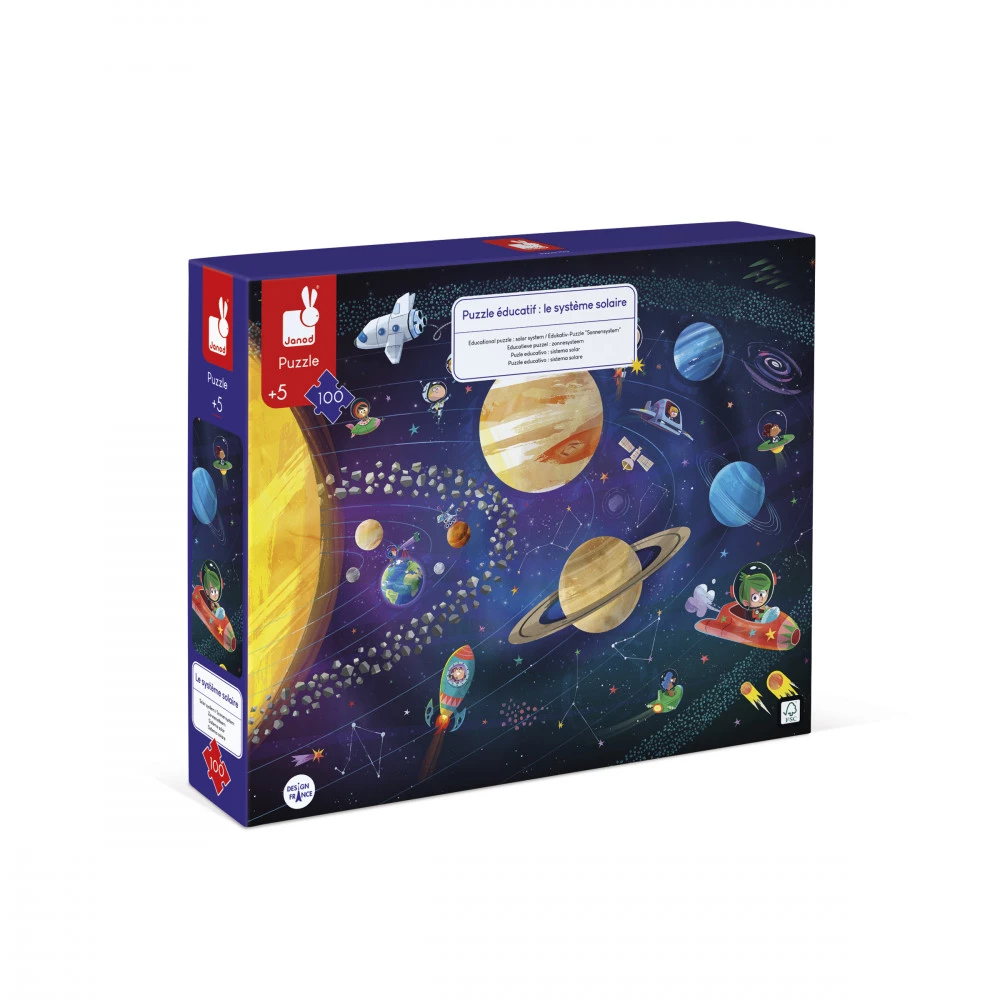 Caixa de puzzle educativo do sistema solar com planetas e personagens coloridos no espaço