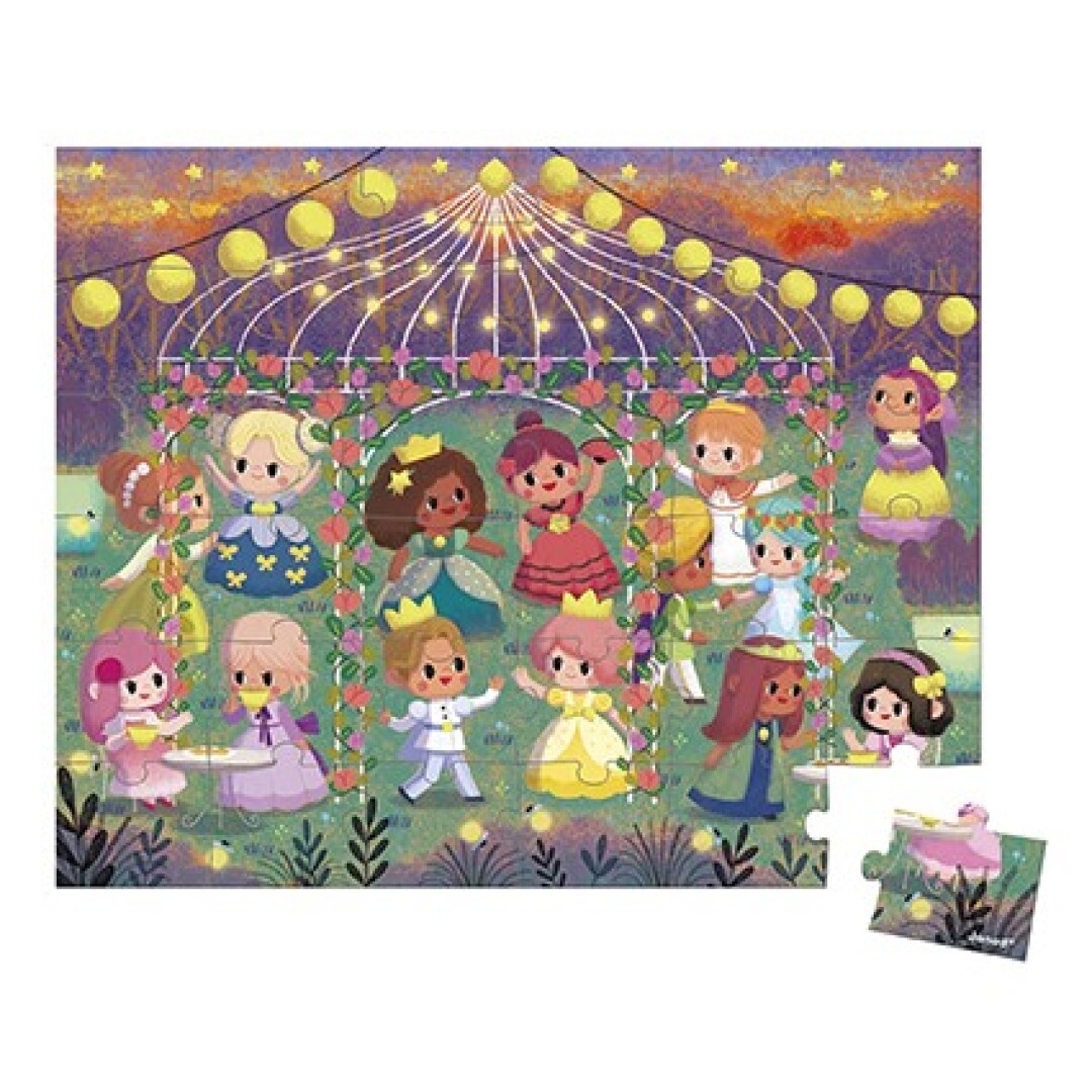 Puzzle colorido com personagens femininas em jardim iluminado à noite.