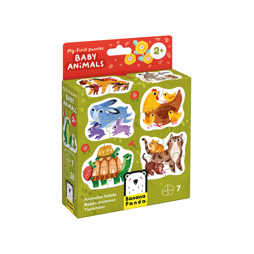 Puzzle de animais para bebés em caixa verde e vermelha com imagens de coelhos, galinhas, tartaruga e guaxinins.
