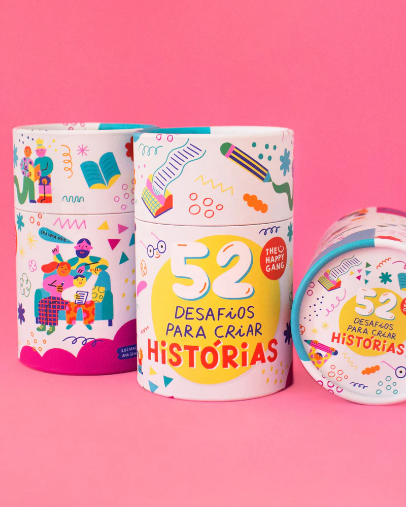 Embalagens cilíndricas coloridas com texto e ilustrações para desafios de criação de histórias