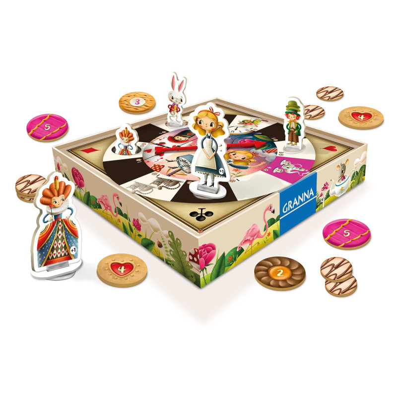 Jogo de tabuleiro Alice com figuras de papel/cartão, disco giratório, fichas numeradas e embalagem colorida com flamingos