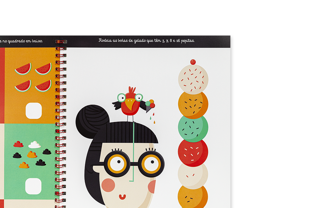 Página de caderno espiralado com ilustração colorida e texto em espanhol