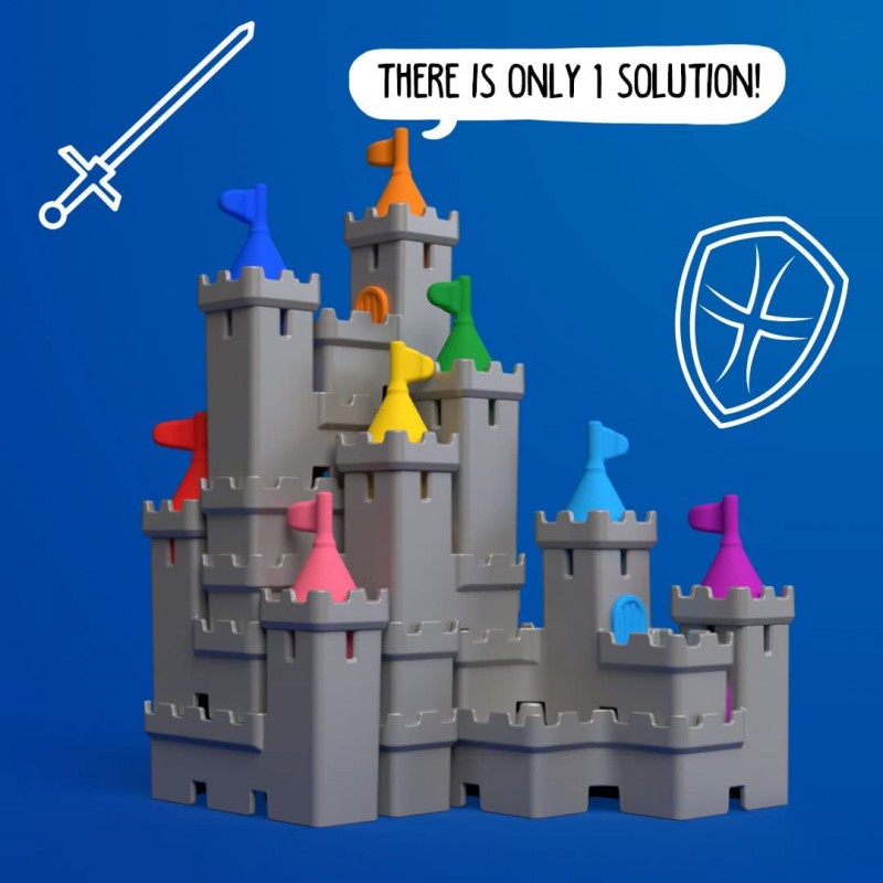 Castelo de brinquedo cinzento com bandeiras coloridas e texto em inglês