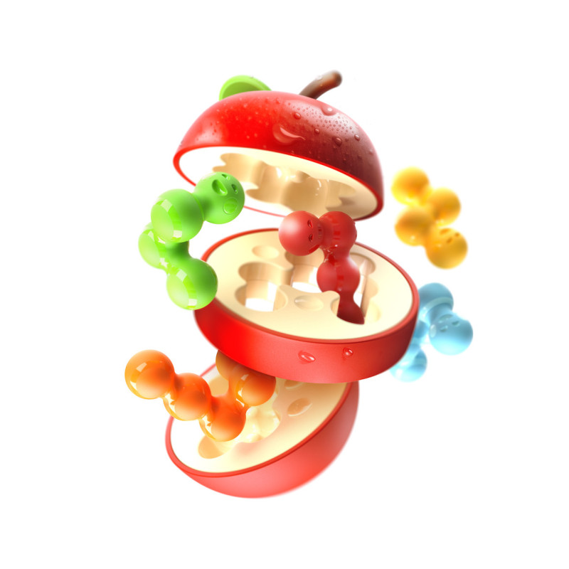 Brinquedo de encaixe em forma de maçã com bonecos coloridos suspensos