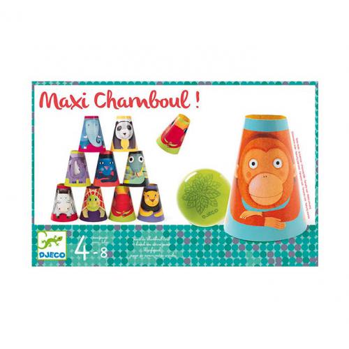 Jogo Maxi Chamboul Djeco com copos coloridos de animais em caixa branca com detalhes azuis e verdes