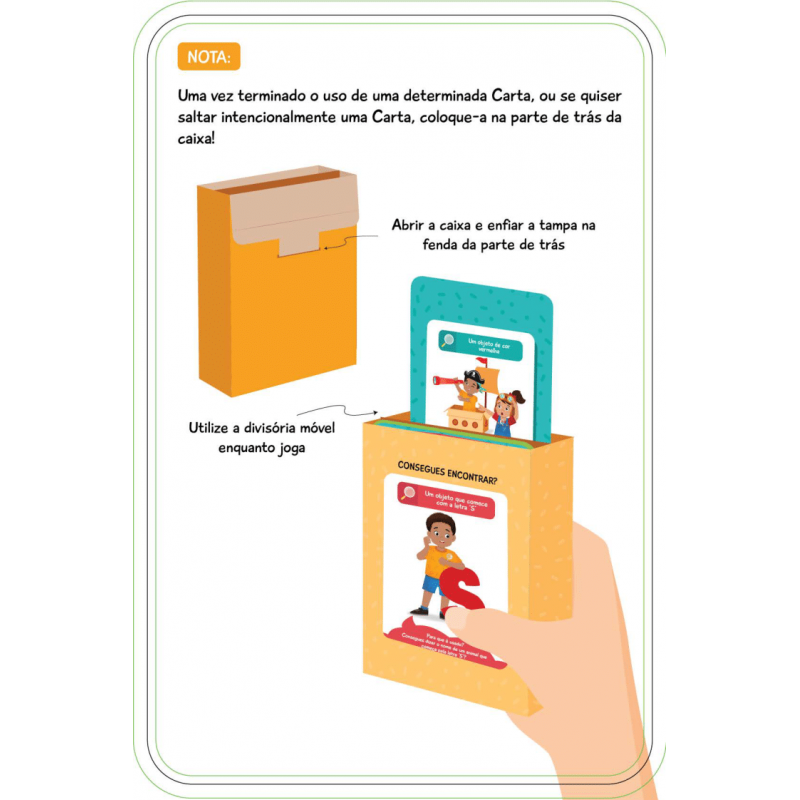 Instruções em português para usar caixa de cartão para jogo com cartas e divisória móvel