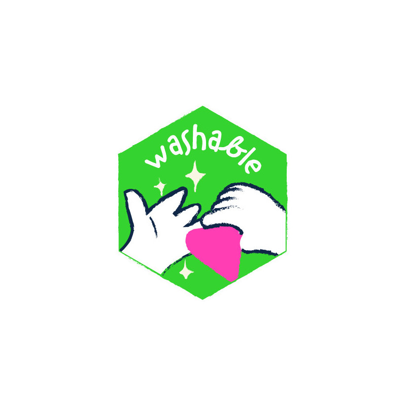 ícone verde hexagonal com mãos brancas e pano rosa e texto washable