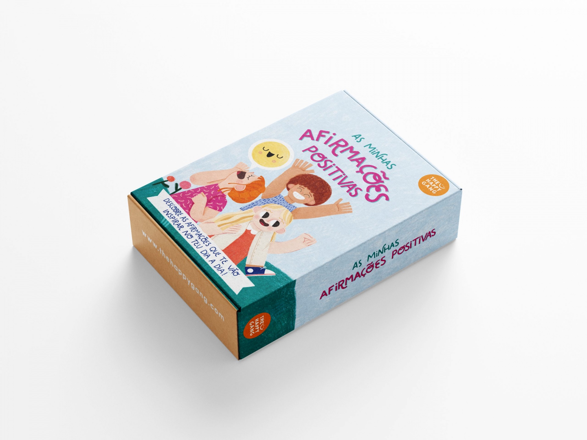 Caixa de jogo com ilustrações coloridas intitulada 'As Mãos Afirmacões Positivas'