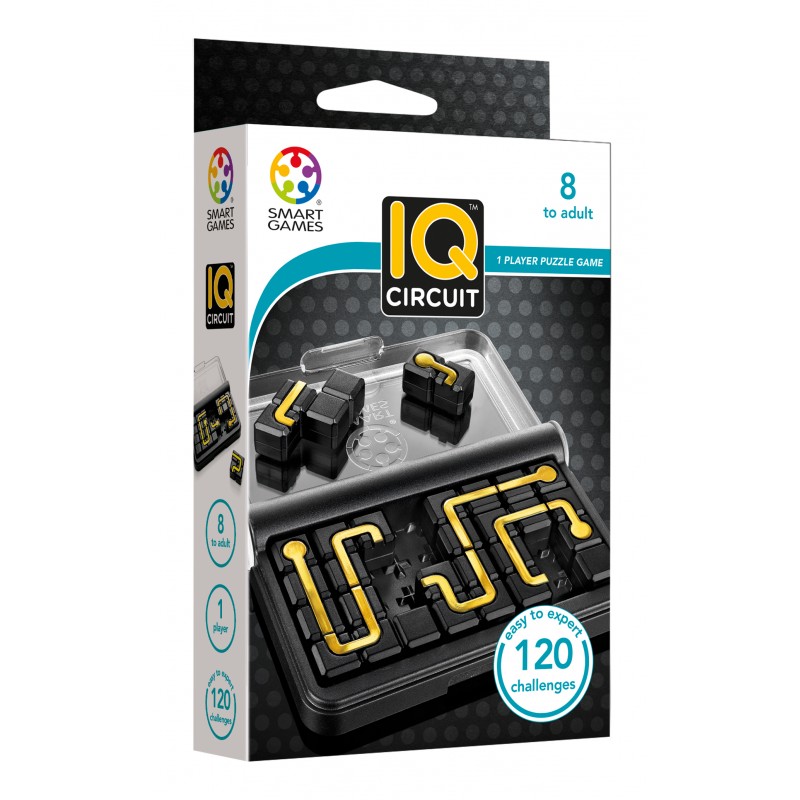 Caixa do jogo de puzzle IQ Circuit da Smart Games com peças pretas e amarelas e indicação de 120 desafios