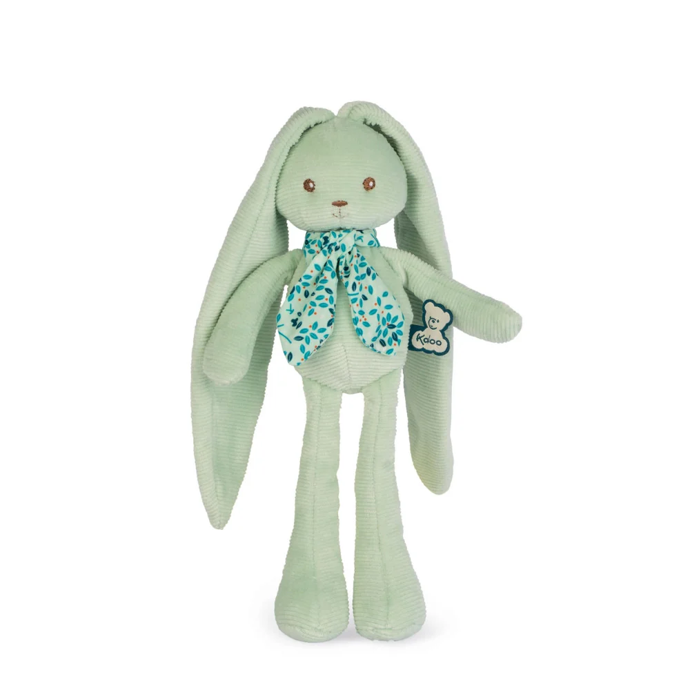 Peluche coelho verde claro com cachecol azul e olhos bordados
