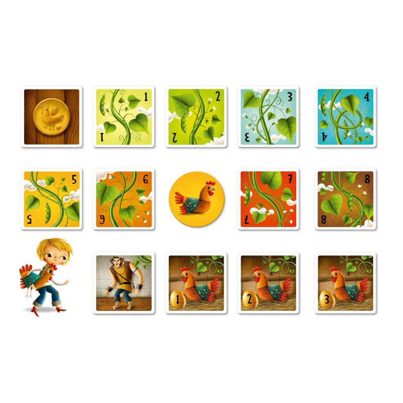 Peças de um jogo com ilustrações de plantas, galinhas e personagens coloridos